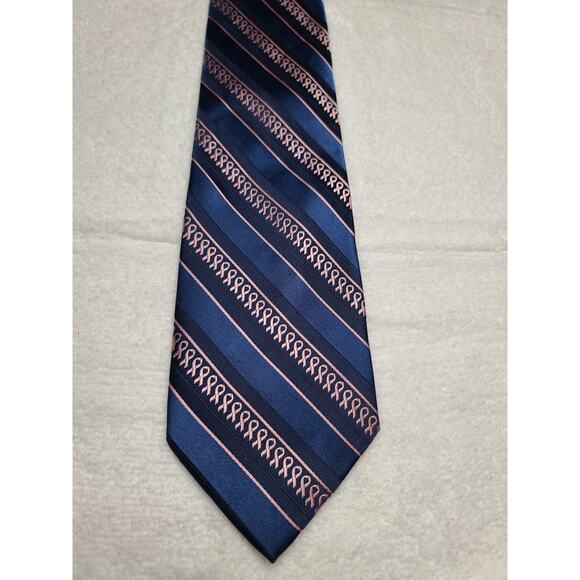 Breast Cancer Awareness blue stripe pink ribbon silk tie - Picture 2 of 5